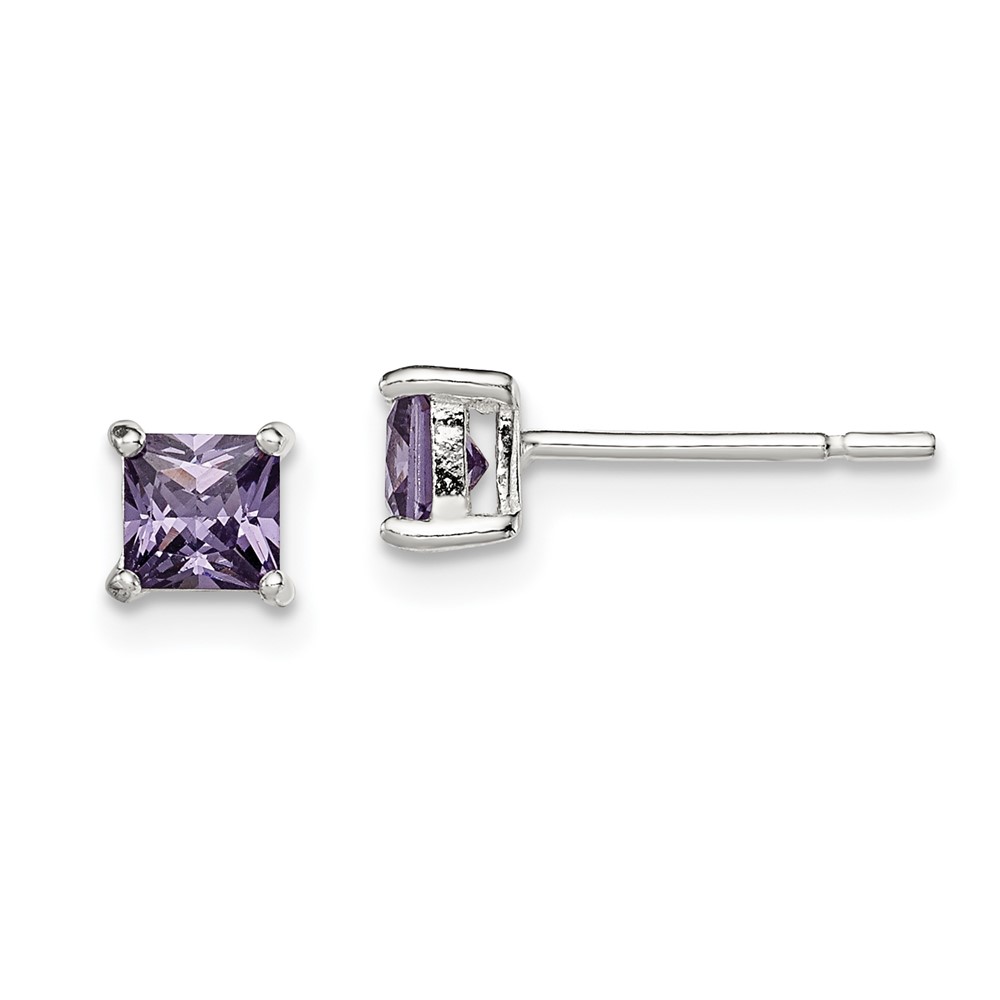 Sterling Silver Polished Square 4mm Purple CZ Stud Earrings (QE12362)