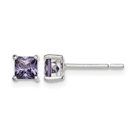 Sterling Silver Polished Square 4mm Purple CZ Stud Earrings view 1