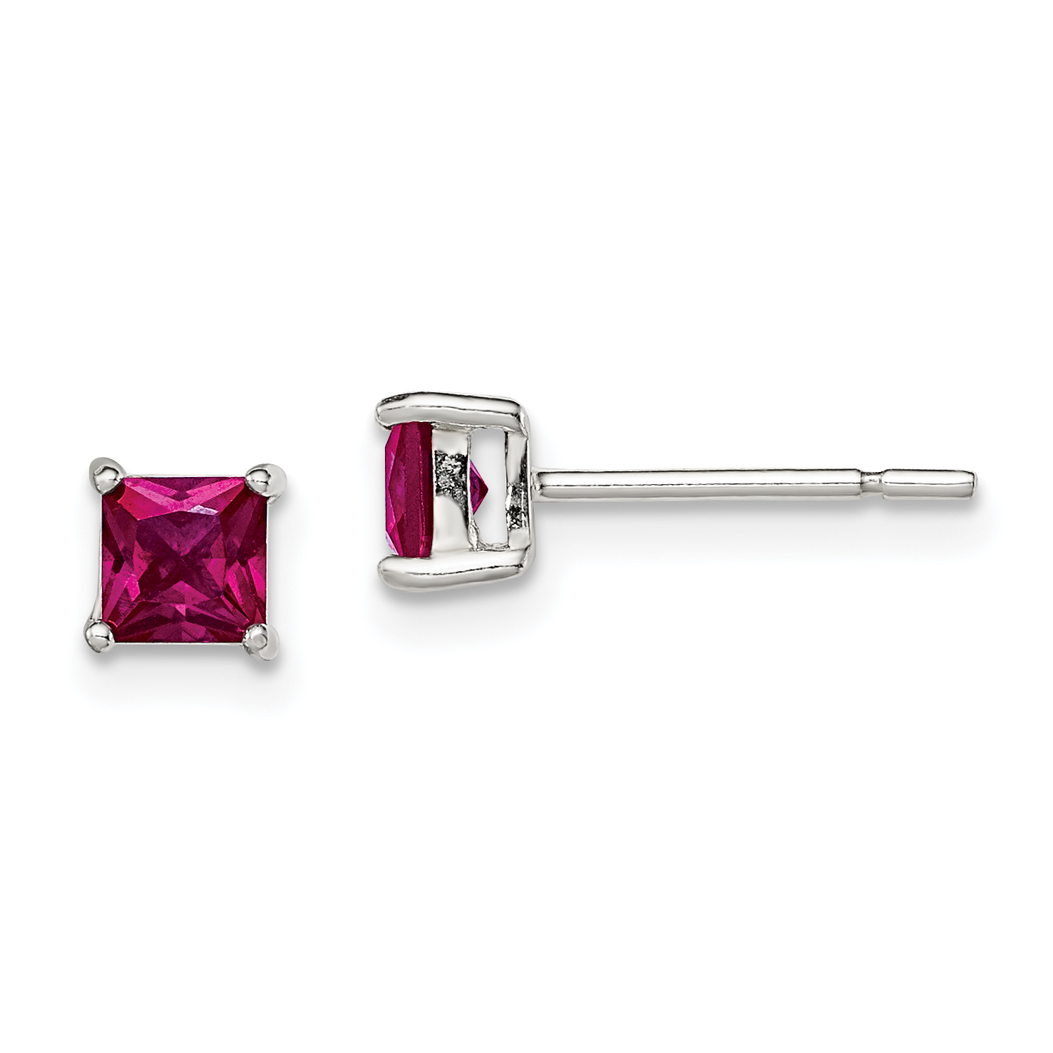 Sterling Silver Polished 4mm Square Red Glass Stud Earrings (QE12364)