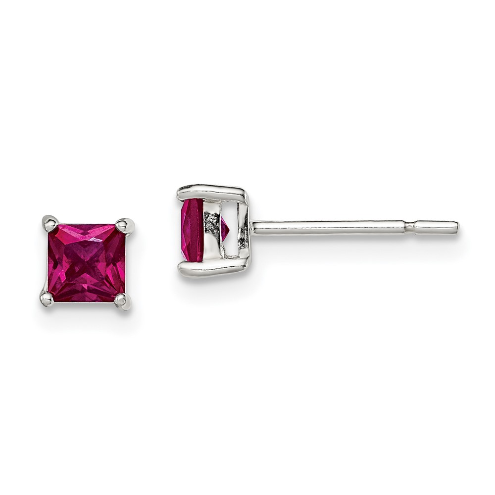 Sterling Silver Polished 4mm Square Red Glass Stud Earrings (QE12364)