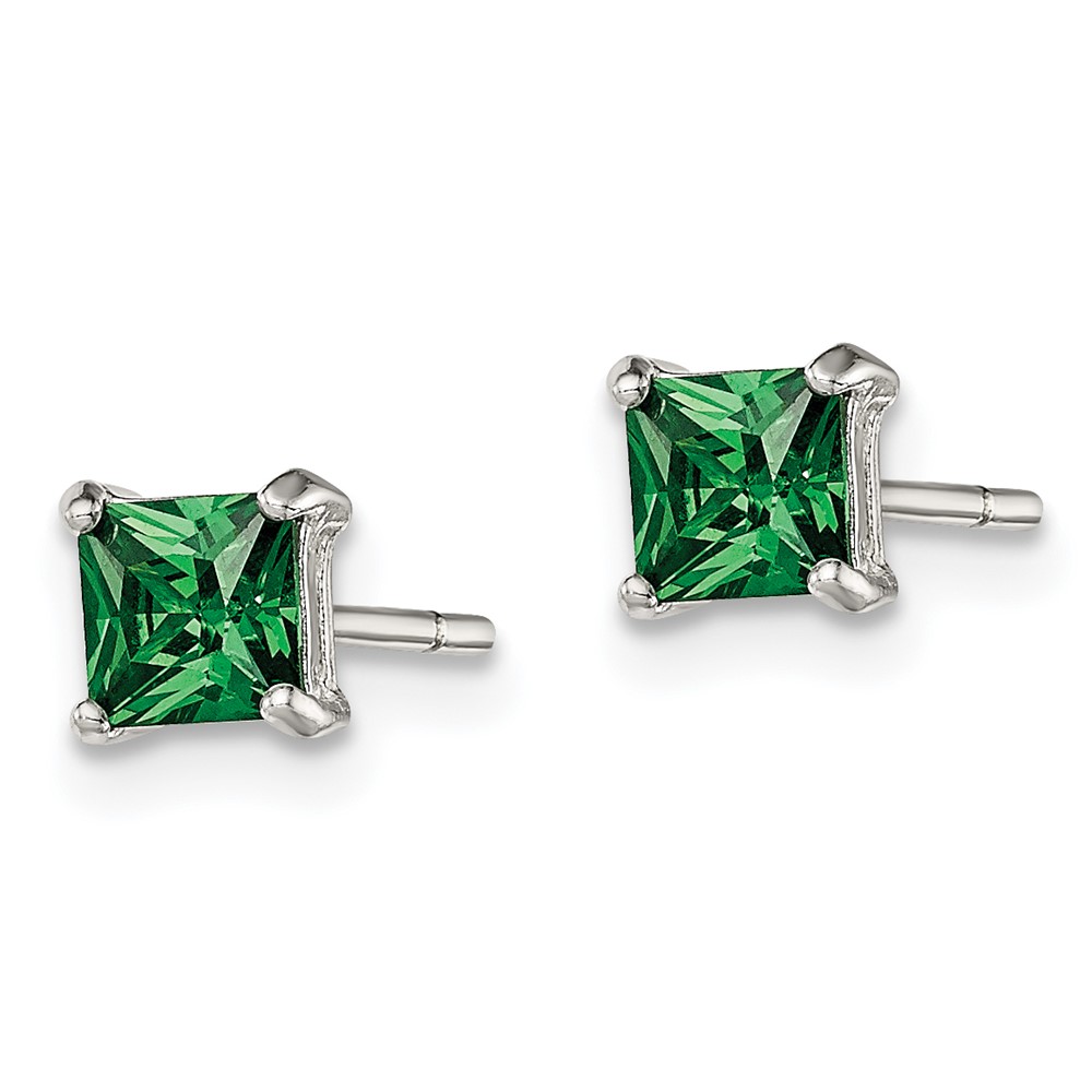 Sterling Silver Polished 4mm Square Green Glass Stud Earrings (QE12366)