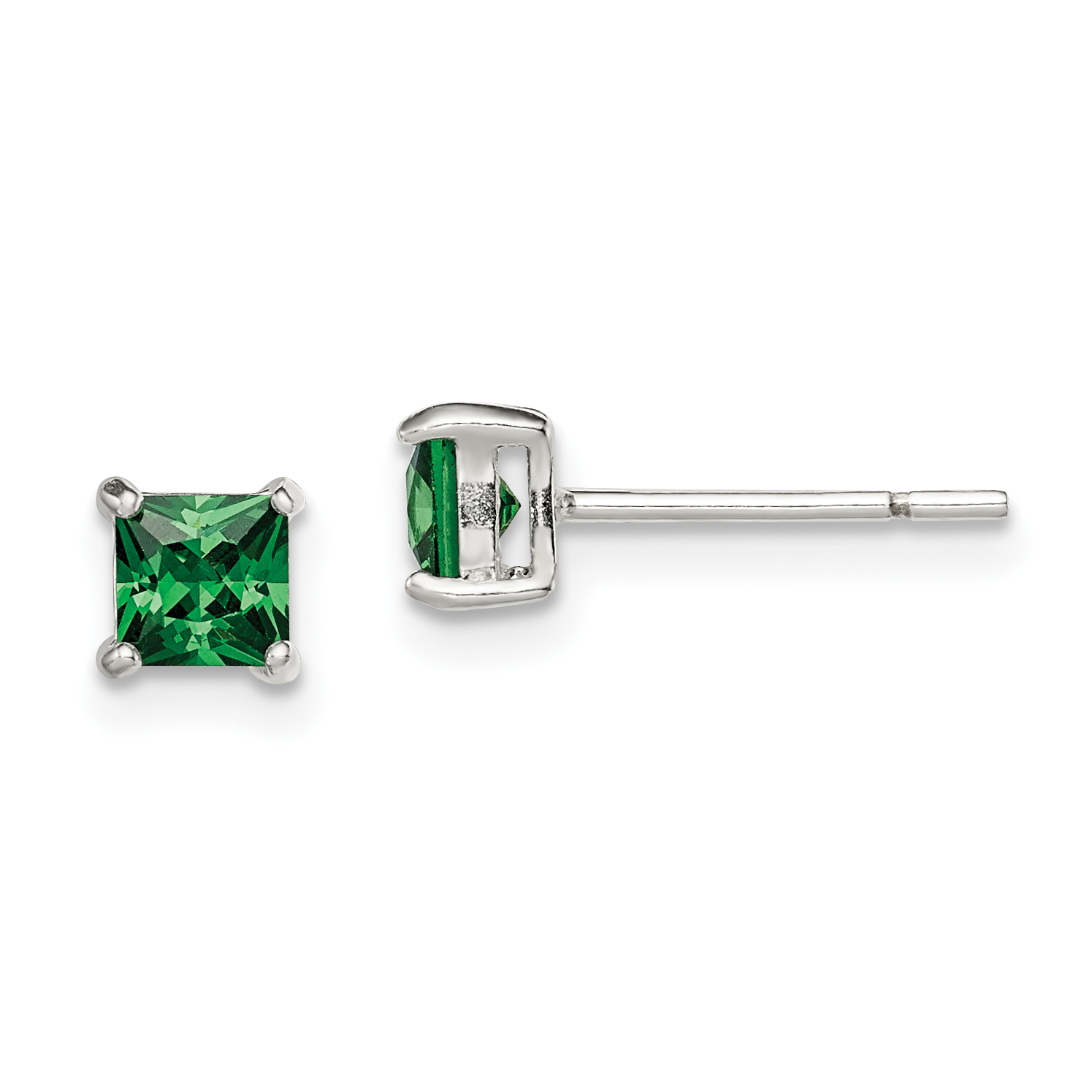 Sterling Silver Polished 4mm Square Green Glass Stud Earrings (QE12366)