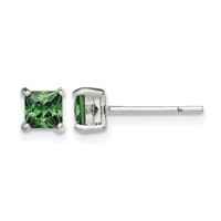Sterling Silver Polished 4mm Square Green Glass Stud Earrings view 1