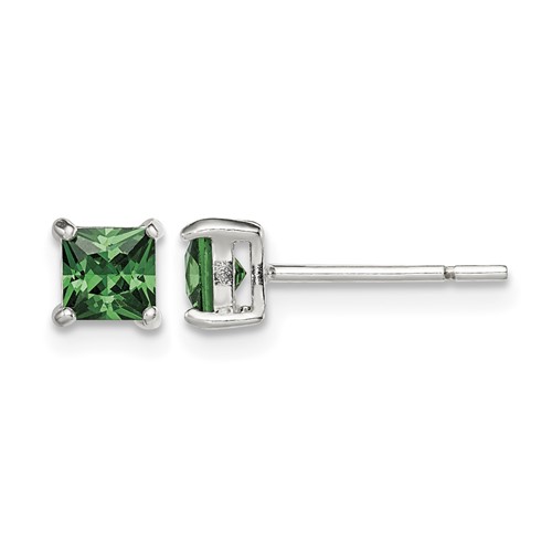 Sterling Silver Polished 4mm Square Green Glass Stud Earrings
