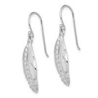 Sterling Silver RH-plated CZ Textured Feather Shepherd Hook Earrings view 2