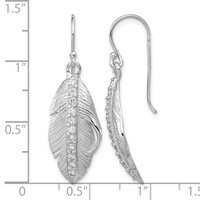 Sterling Silver RH-plated CZ Textured Feather Shepherd Hook Earrings view 4