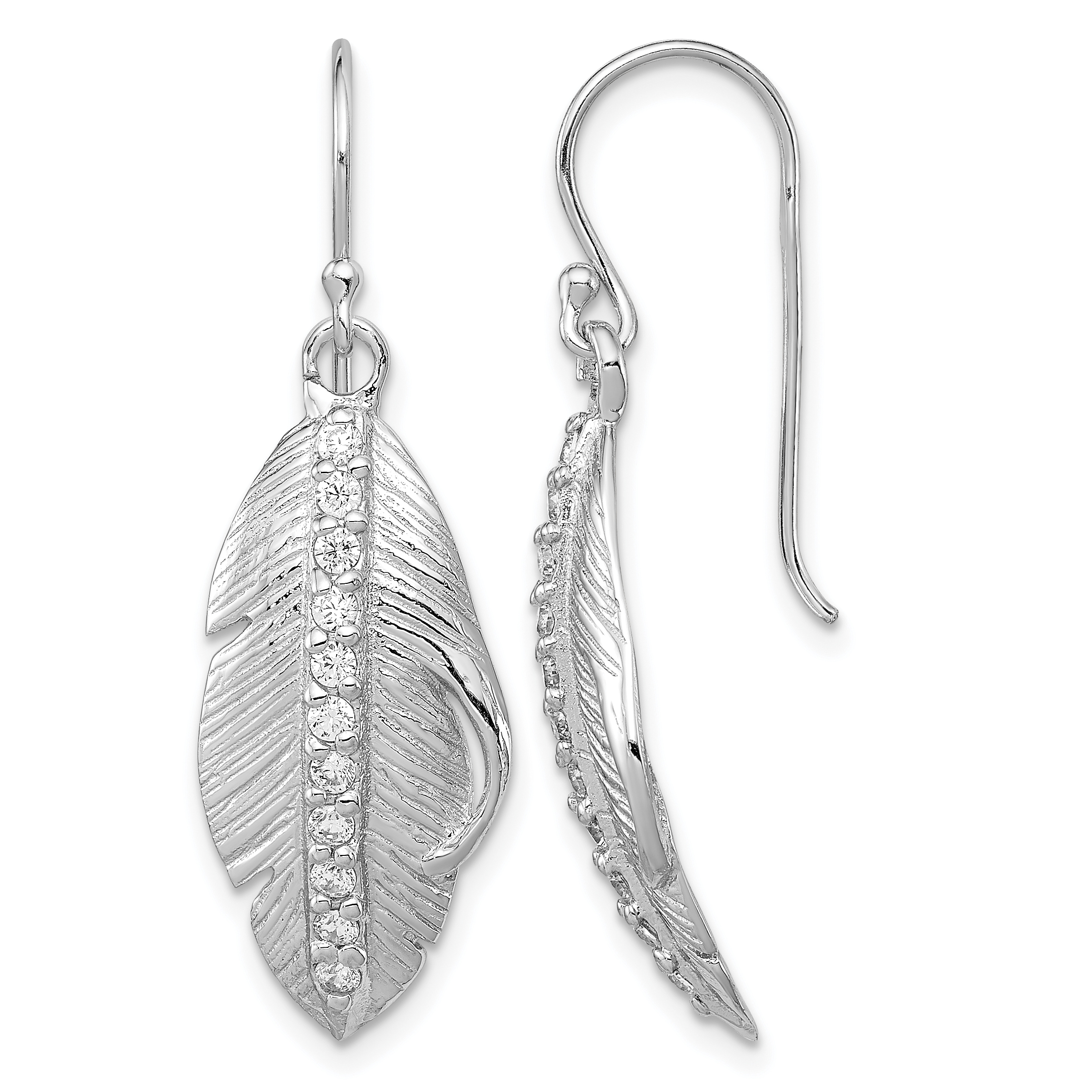 Sterling Silver RH-plated CZ Textured Feather Shepherd Hook Earrings (QE12397)