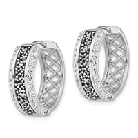 Sterling Silver Polished White & Black Crystal Hinged Round Hoop Earrings view 2