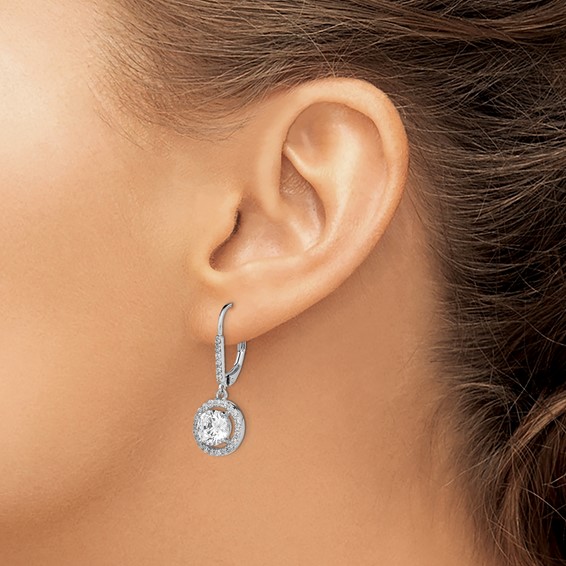 Sterling Silver Rhodium-plated Polished Leverback CZ Earrings