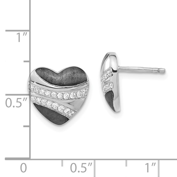 Sterling Silver w/ Black Rhodium Polished & Satin CZ Heart Post Earrings
