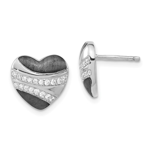 Sterling Silver w/ Black Rhodium Polished & Satin CZ Heart Post Earrings
