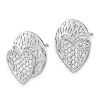 Sterling Silver Polished & Brushed CZ Heart Circle Post Earrings view 2
