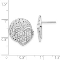 Sterling Silver Polished & Brushed CZ Heart Circle Post Earrings view 3