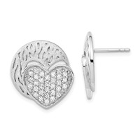 Sterling Silver Polished & Brushed CZ Heart Circle Post Earrings view 1
