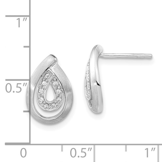 Sterling Silver Brushed CZ Teardrop Post Earrings