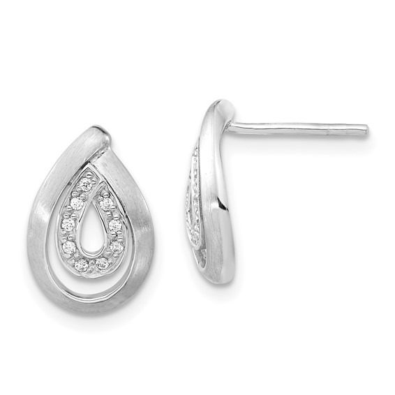 Sterling Silver Brushed CZ Teardrop Post Earrings