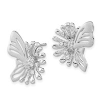 Sterling Silver Polished & Satin Flower Butterfly CZ Post Earrings view 2