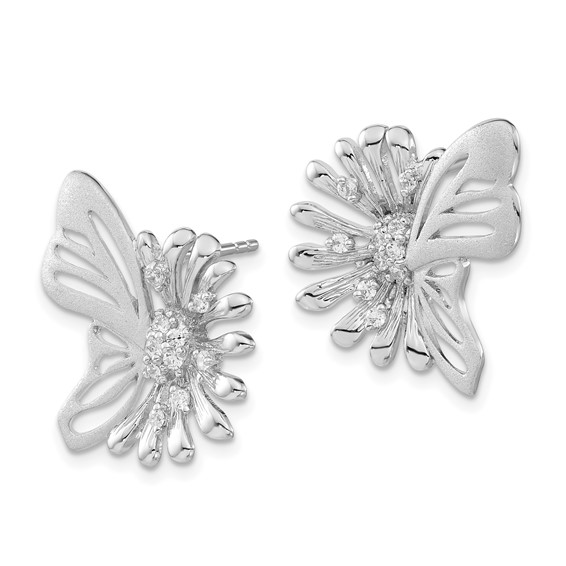 Sterling Silver Polished & Satin Flower Butterfly CZ Post Earrings
