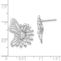 Sterling Silver Polished & Satin Flower Butterfly CZ Post Earrings view 3