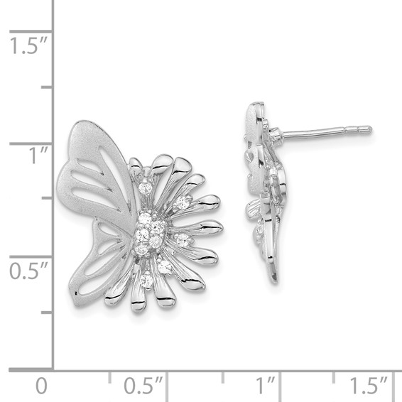 Sterling Silver Polished & Satin Flower Butterfly CZ Post Earrings