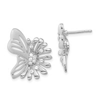 Sterling Silver Polished & Satin Flower Butterfly CZ Post Earrings view 1