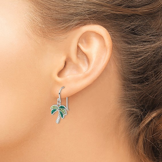 Sterling Silver Rhodium-plated Polished Green Crystal Palm Tree Earrings