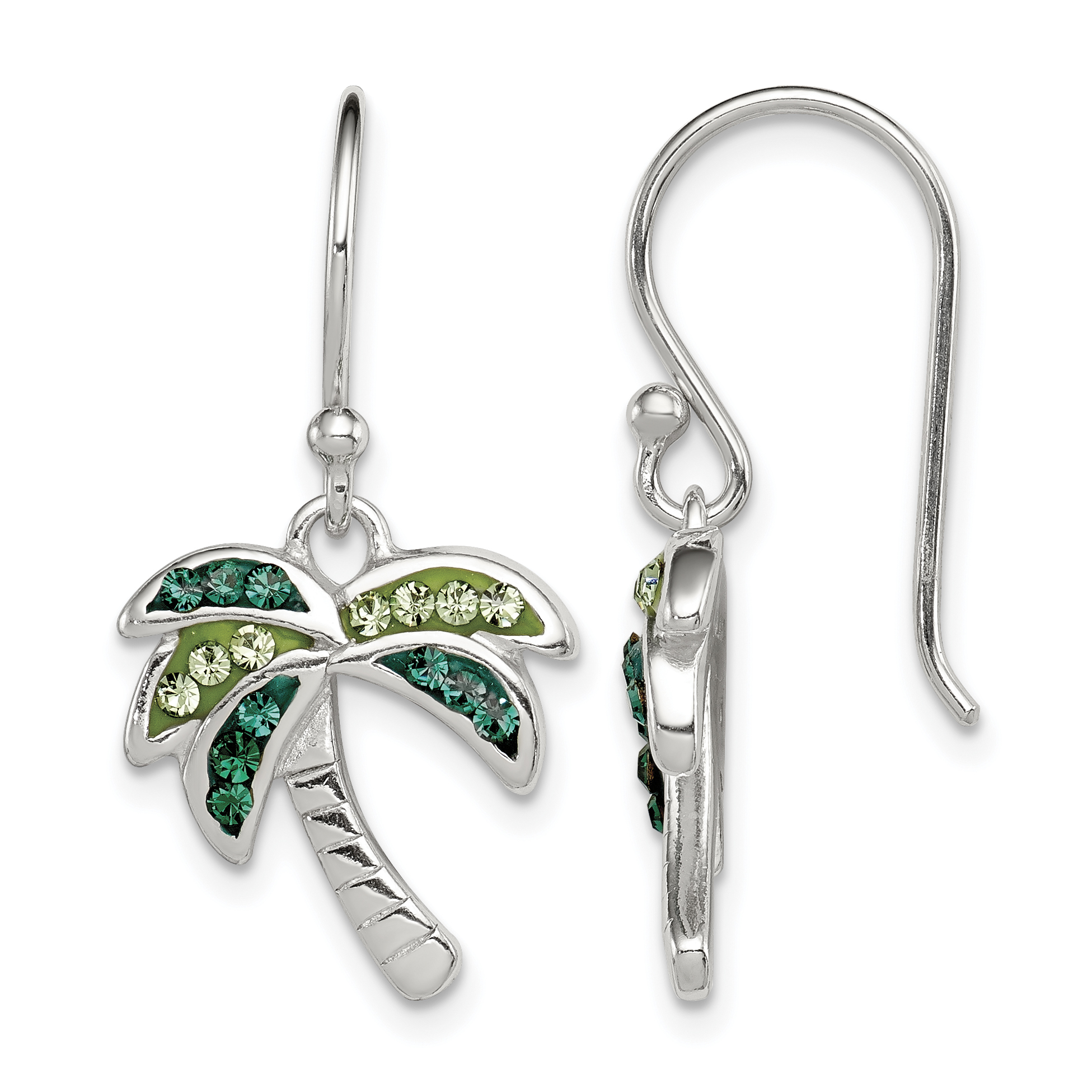 Sterling Silver Rhodium-plated Polished Green Crystal Palm Tree Earrings (QE12456)