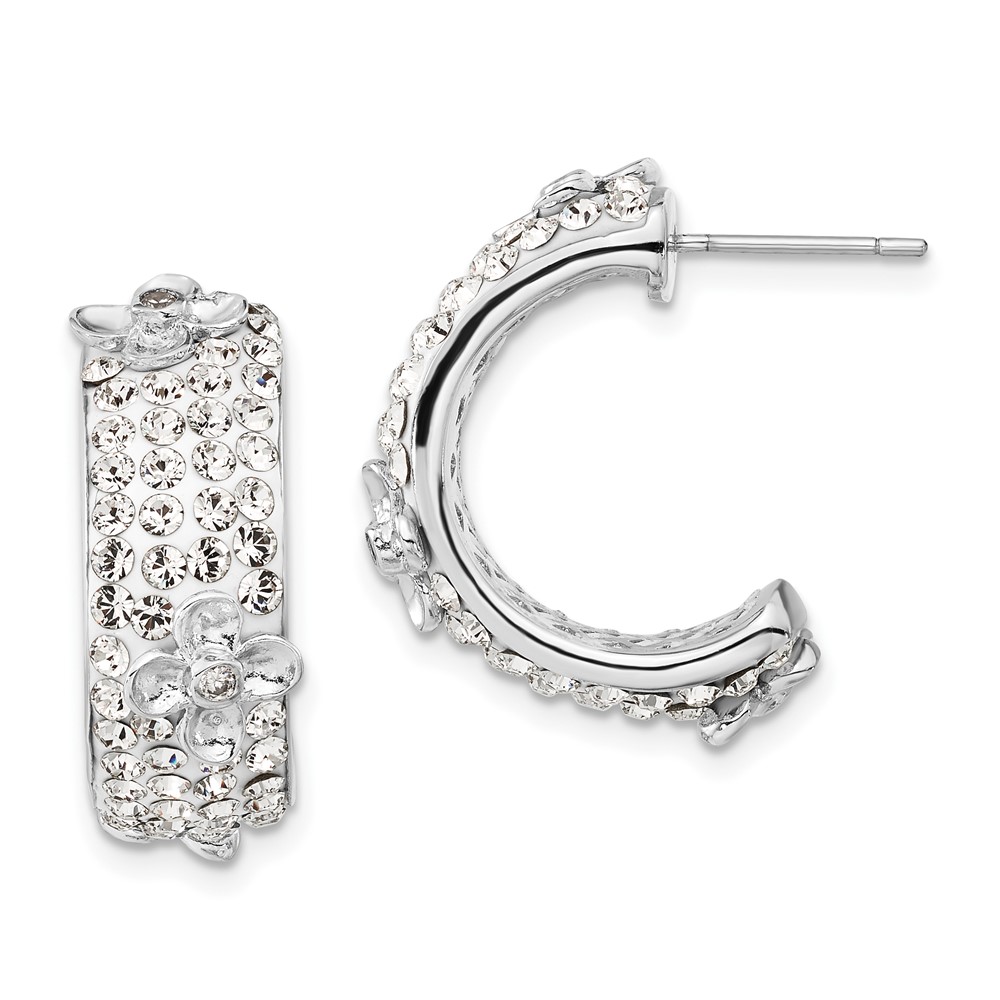 Sterling Silver Polished CZ & Crystal Floral Post C-Hoop Earrings