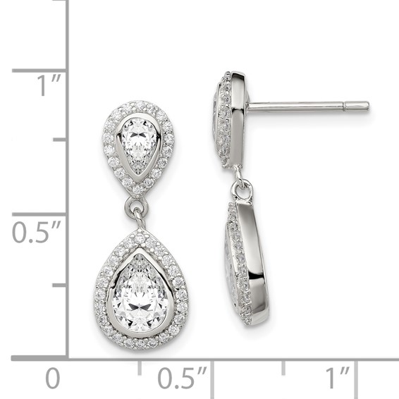 Sterling Silver Rhodium-plated Polished CZ Pear Halo Post Dangle Earrings