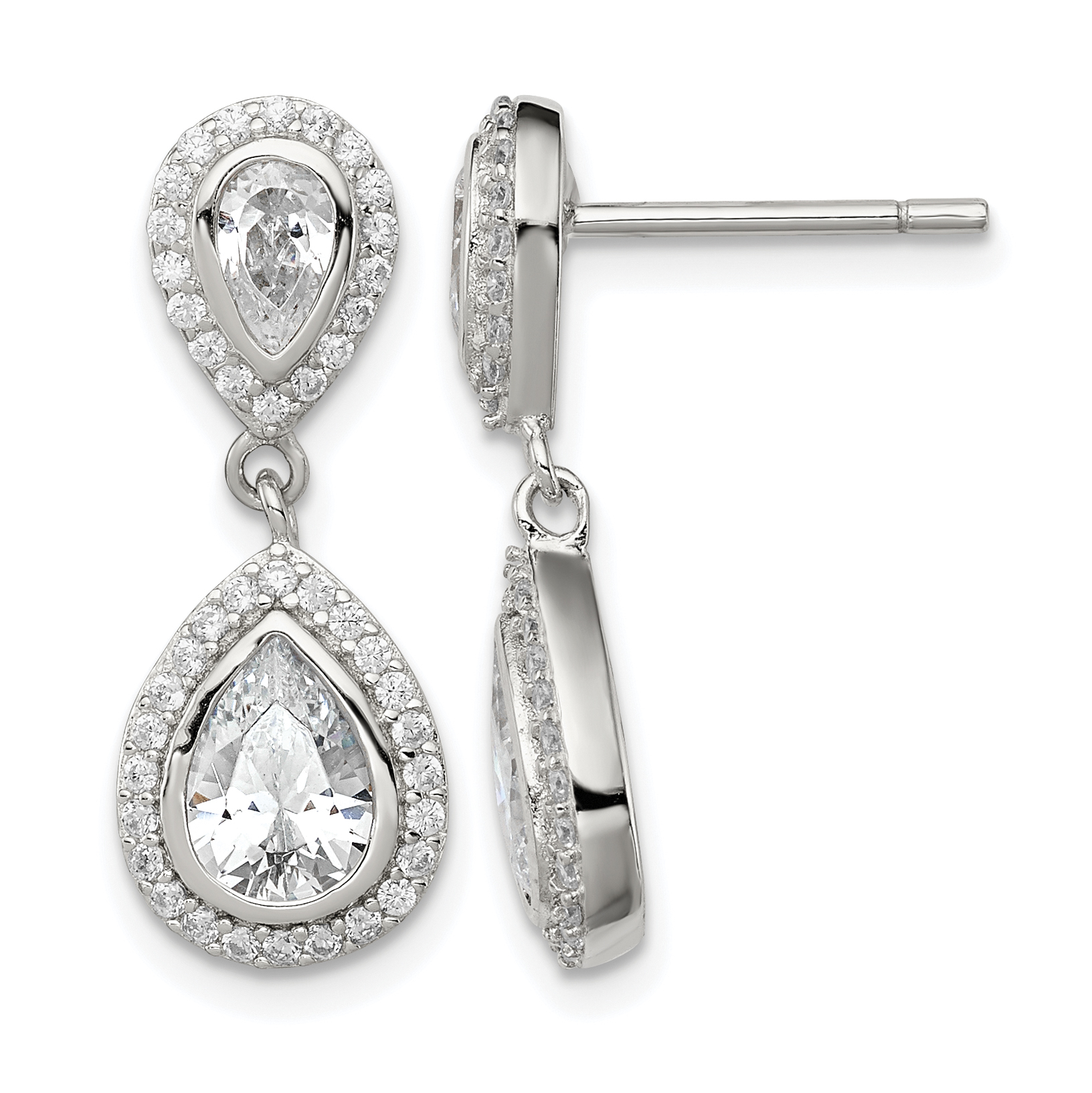 Sterling Silver Rhodium-plated Polished CZ Pear Halo Post Dangle Earrings (QE12476)