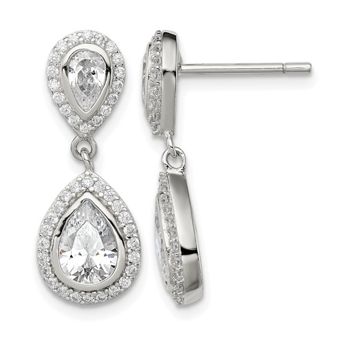 Sterling Silver Rhodium-plated Polished CZ Pear Halo Post Dangle Earrings
