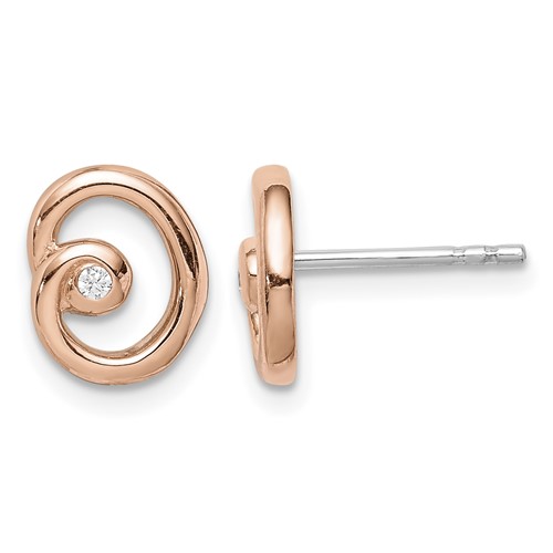 Sterling Silver Rhodium Rose Gold-plated Polished CZ Swirl Post Earrings