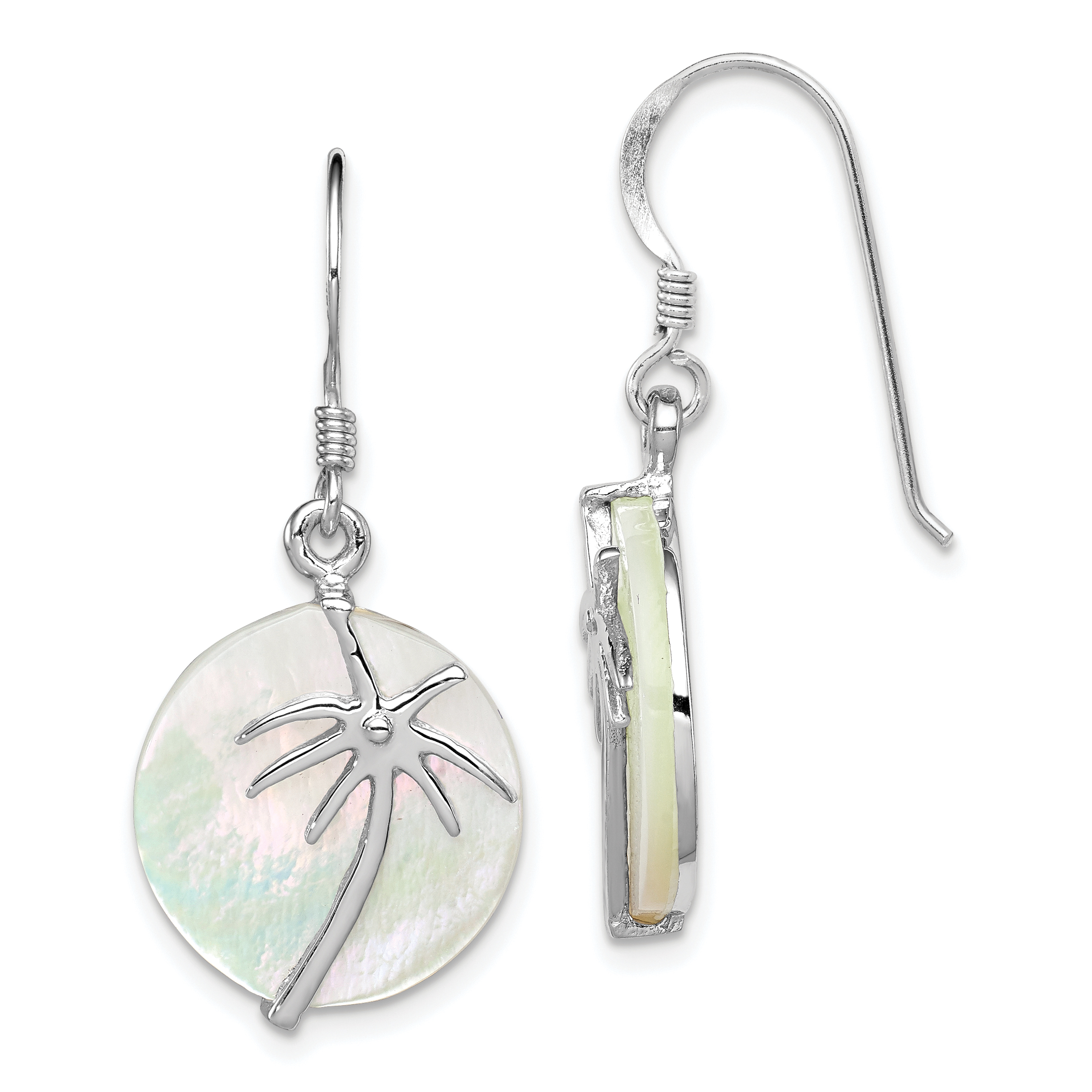 Sterling Silver Rhodium-plated Polished Round Mother of Pearl Palm Tree Earrings (QE12487)