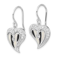 Sterling Silver Polished Black & White Enamel CZ Heart Dangle Earrings view 2