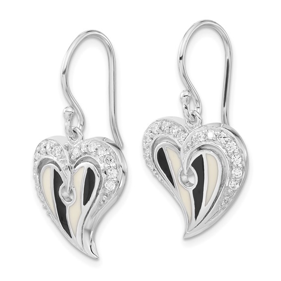 Sterling Silver Polished Black & White Enamel CZ Heart Dangle Earrings