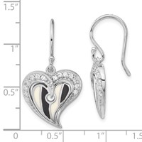 Sterling Silver Polished Black & White Enamel CZ Heart Dangle Earrings view 3