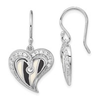 Sterling Silver Polished Black & White Enamel CZ Heart Dangle Earrings view 1