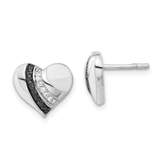 Sterling Silver Black Rhodium-plated Enameled Black & Clear CZ Heart Post Earrings