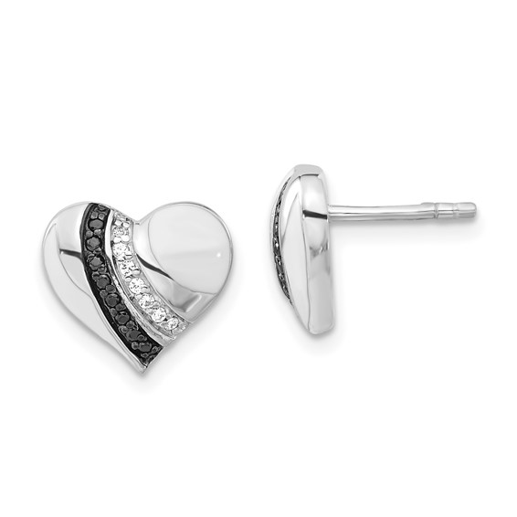 Sterling Silver Black Rhodium-plated Enameled Black & Clear CZ Heart Post Earrings