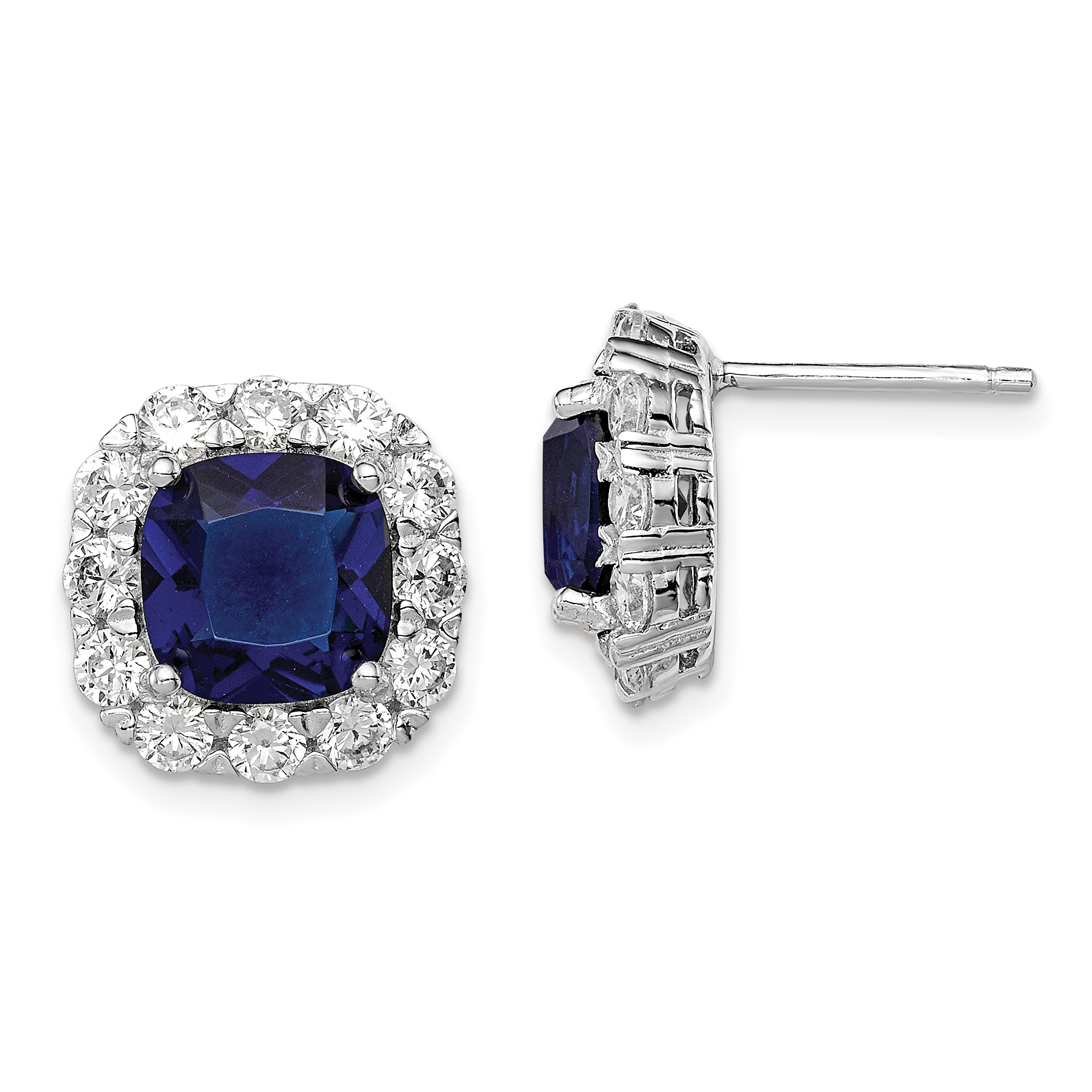 Sterling Silver Rhodium-plated Blue Glass and CZ Post Earrings (QE12493)
