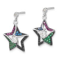 Sterling Silver W Black Rhodium Synthetic Spinel, Syn. Ruby & CZ Star Post Dangle Earrings view 2