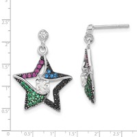 Sterling Silver W Black Rhodium Synthetic Spinel, Syn. Ruby & CZ Star Post Dangle Earrings view 3