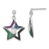 Sterling Silver W Black Rhodium Synthetic Spinel, Syn. Ruby & CZ Star Post Dangle Earrings view 1