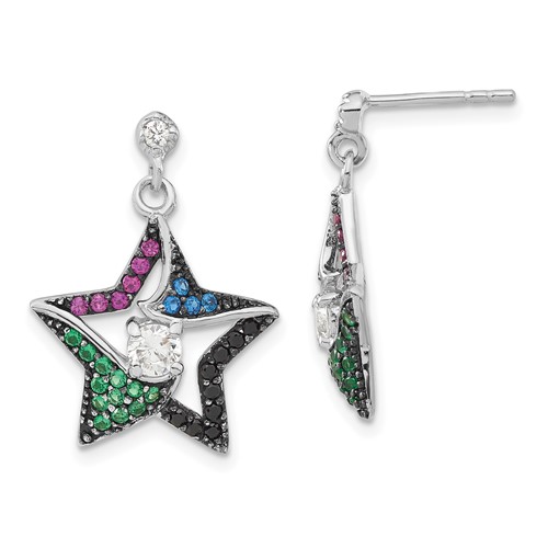 Sterling Silver Earrings with Black Rhodium Synthetic Spinel, Syn. Ruby & CZ Star Post Dangle