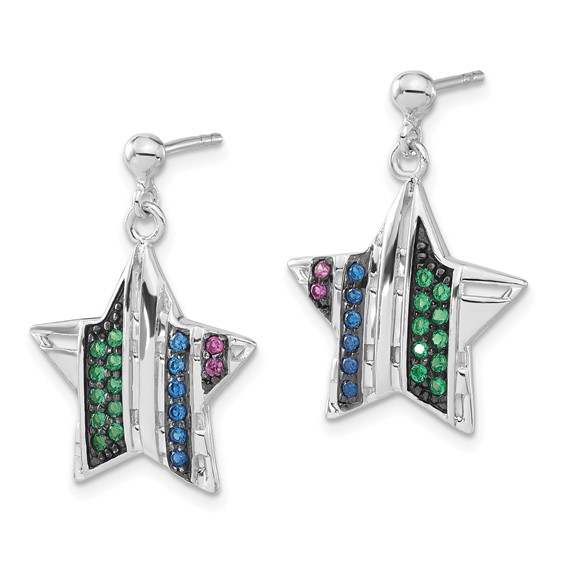 Sterling Silver w/ Black Rhodium Synthetic Spinel & Synthetic Ruby Star Post Dangle Earrings