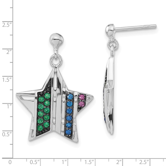 Sterling Silver w/ Black Rhodium Synthetic Spinel & Synthetic Ruby Star Post Dangle Earrings