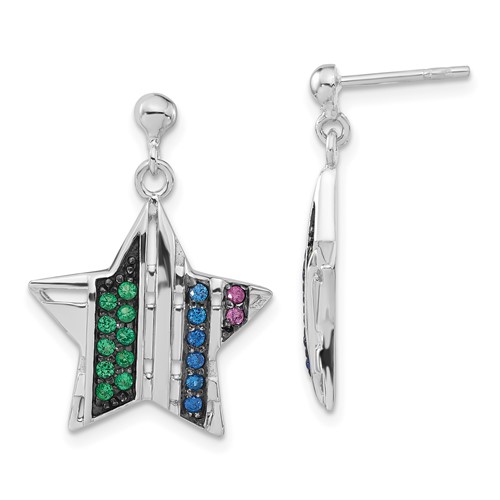 Sterling Silver Earrings with Black Rhodium Synthetic Spinel & Synthetic Ruby Star Post Dangle