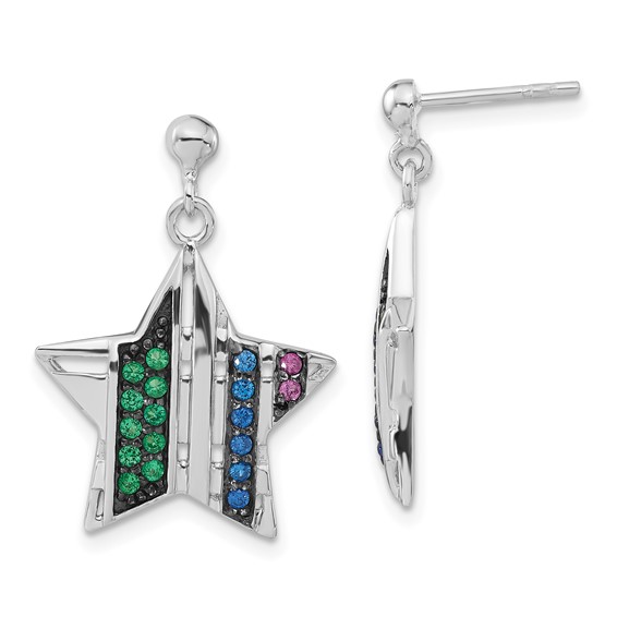 Sterling Silver w/ Black Rhodium Synthetic Spinel & Synthetic Ruby Star Post Dangle Earrings