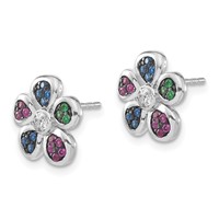 Sterling Silver Earrings with Black Rhodium Synthetic Ruby, Spinel & CZ Flower Post view 2