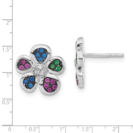 Sterling Silver w/ Black Rhodium Synthetic Ruby, Spinel & CZ Flower Post Earrings